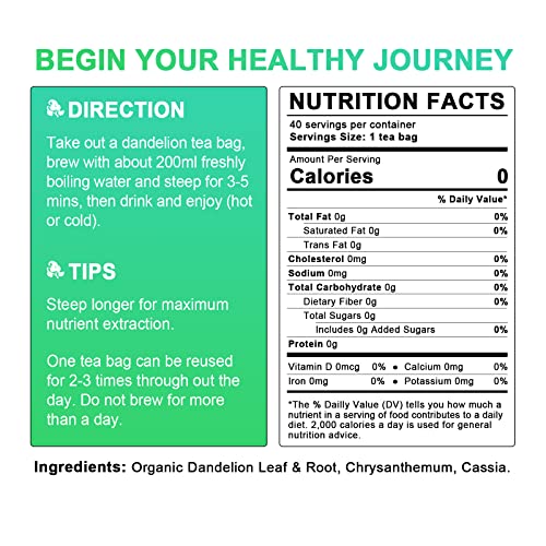 Organic Dandelion Root Herbal Tea, Premium Dandelion Root Leaf With Chrysanthemum And Cassia, Helps Improve Digestion & Immune System, Caffeine Free, 40 Tea Bags #TOP3