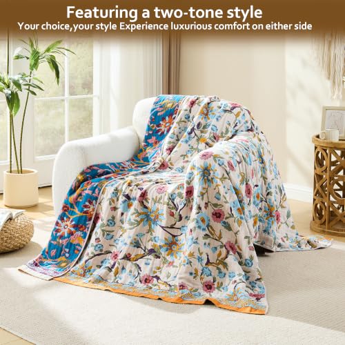 Image of VANJOROY Boho Throw Blanket, 100% Organic Cotton Breathable Skin-Friendly Ultra Soft 50 inch x 60 inch Bed Quilt Throw - Floral Rustic Decor Luxury Reversible Blanket for Sofa Couch Chair and Gift,