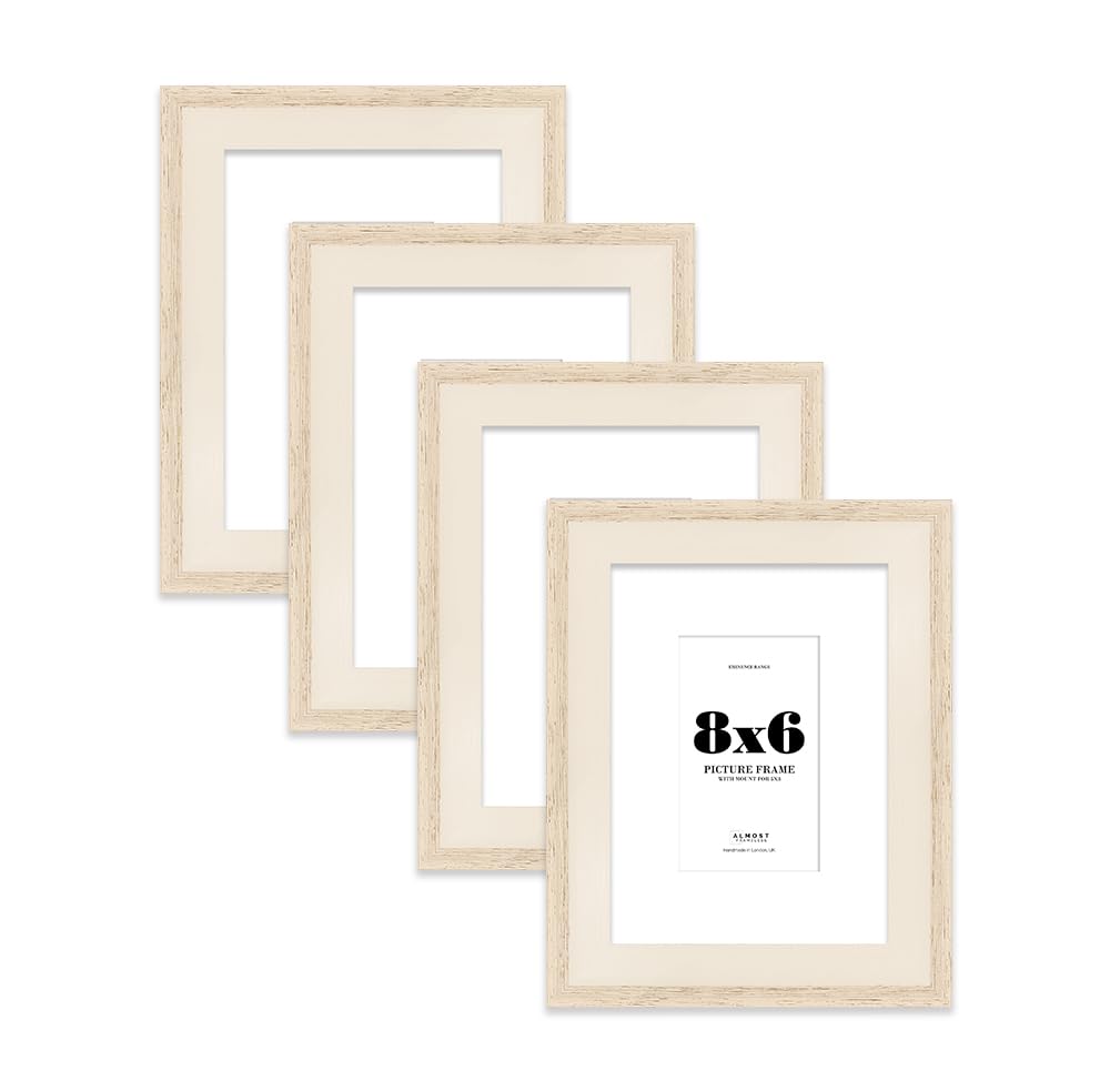 8x6" Oak Picture Frame with 5x3" Mount - Shabby Chic Photo Frame with Distressed Finish, Wall Hooks and Kickstand, 32mm Edge - 4 Pack