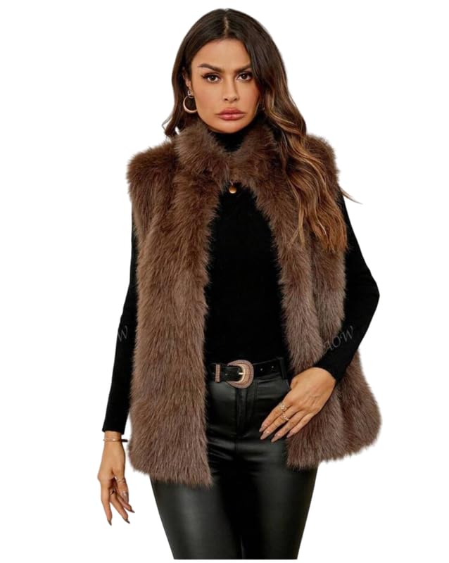 PATAKADEVI Faux Fur Coat Jacket Vest | For Stylish Appearance | Brown Shaggy Smooth Texture | Sleeveless Long Length | Soft Volume Feel | Lightweight Layering Piece | Fashion Attire Outer Layer