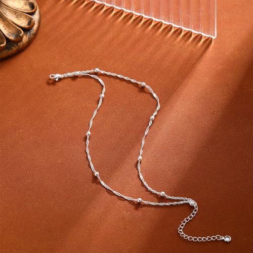 LEXODY Sterling Silver Layered Ankle Bracelets for Women – Waterproof Beaded Wave Chain Anklet Set for Trendy Beach Jewelry - Image 6