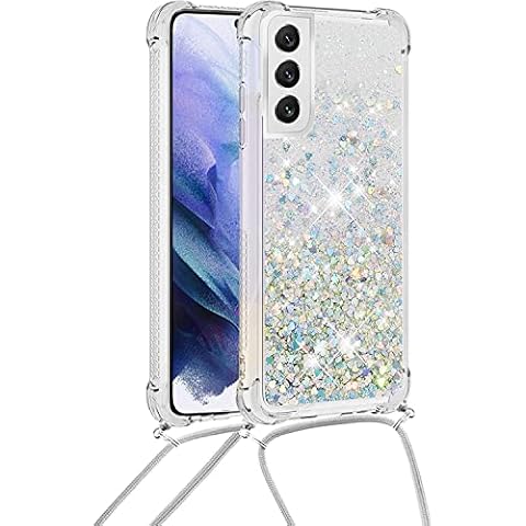 HOUSON Glitter Mobile Phone Chain Case for Samsung Galaxy S21 Plus, Glitter Quicksand Silicone Shockproof Mobile Phone Case with Cord Neck Shape Silver Cover