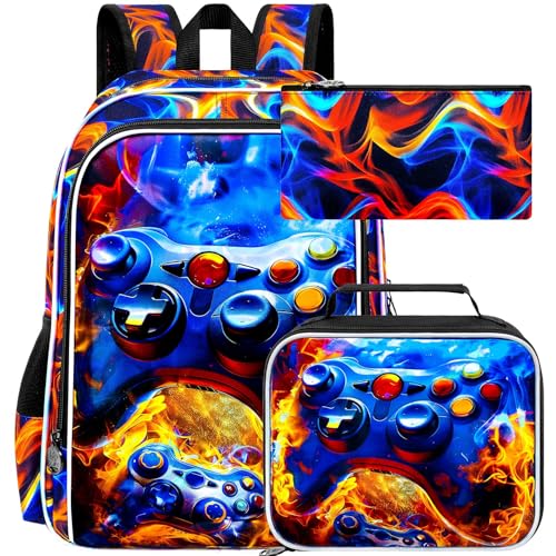 ZLYERT Mochila gamer de 43 cm para meninos, 3 peças, mochila Fire para jardim de infância do ensino fundamental, mochilas escolares infantis com lancheira (vermelha)