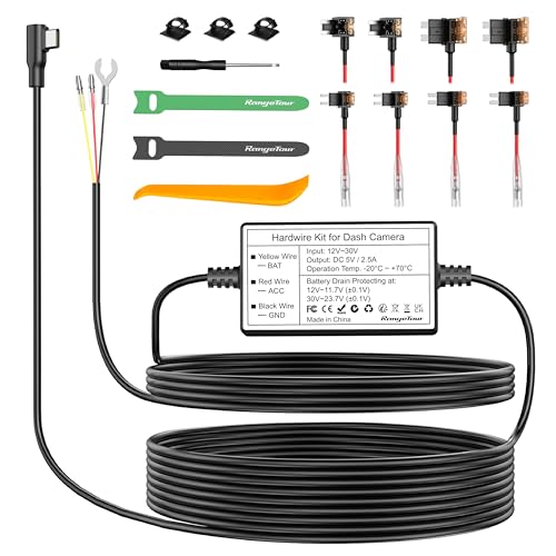 Range Tour Dash Cam Hardwire Kit USB-C 4m/13.12ft 12V-24V to 5V Car Dash Camera Charger Power Cord 3 cores 4 Types / 8 adapters Hard Wire Kit Fuse for Dash Cam