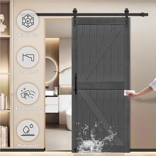 Image of S&Z TOPHAND 42in x 84in MDF Deep Gray British Brace Knotty Barn Door with 8FT Sliding Door Hardware Kit /Simple Assembly is Required