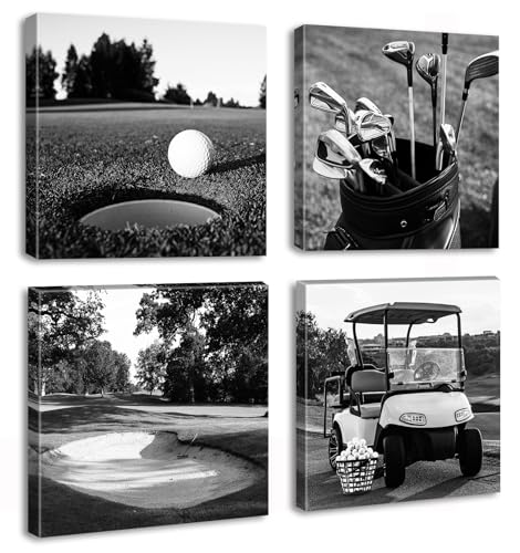 Djsylife Golf Decor Golf Course Wall Art - Sport Poster Black And White Canvas Prints Picture For Modern Home Office Men Bedroom Decoration Stretched And Framed Ready To Hang 12'X12'X4