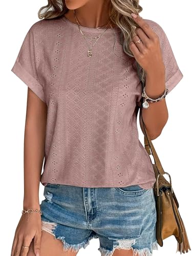 Awemeal T-Shirt Damen Kurzarm Rundhals Elegant Lochstickerei Oberteil Bluse Sommer Casual Blusenshirt Top Einfarbig Tee Shirts Tunika (L, Rosa)