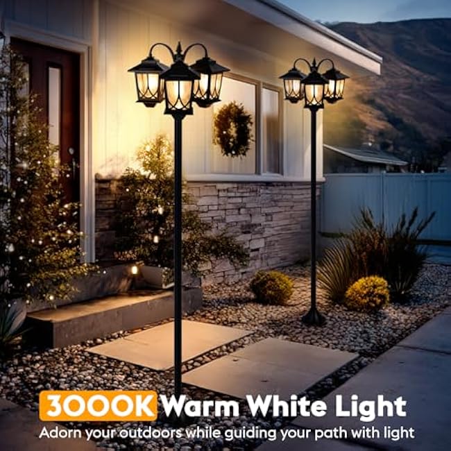 3-Head Solar Lamp Post Light, 73 Solar Lights Outdoor Waterproof, 60Lm 3000K Pathway Lights for Garden, Lawn, Yard