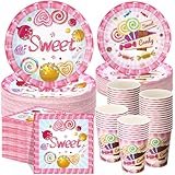 Funnymoom 250 Pcs Candyland Party Decorations Sweet Candy Lollipop Paper Plates Cups and Napkins Disposable Sweet Candy Themed Pink Tableware Set for Baby Shower Birthday Party Supplies, Serves 50