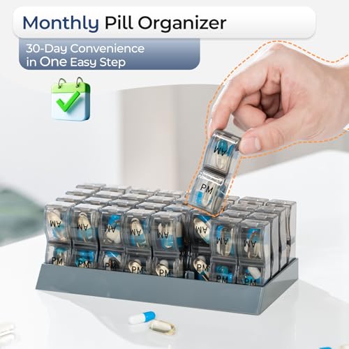 Image of Monthly Pill Organizer 2 Times a Day, one Month Pill Box AM PM, 30 Day Pill Case Small Compartments to Hold Vitamin and Travel Medicine Organizer, 31 Day Pill Organizer, 4 Week Pill Cases(Grey)