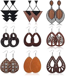 KALVICA 9 Pairs Wooden Earrings for Women Girl, African Earrings, Natural Wood Teardrop Earrings, Ethnic Style Pendant Earrings, 316L Stainless Steel Hook
