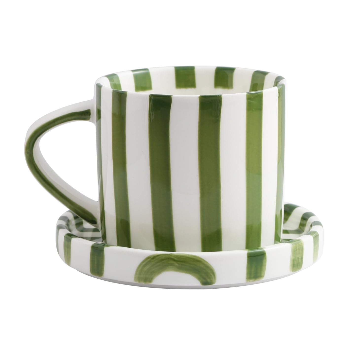 Cup and Saucer Set Hand-Painted Green Stripes, 8 Oz Ceramic Coffee Mug, Espresso Cups, Porcelain Coffee Cup for Cappuccino, Espresso, Coffee, Tea, Cafe Mocha, Latte, Set of Cup Gift for Coffee Lover