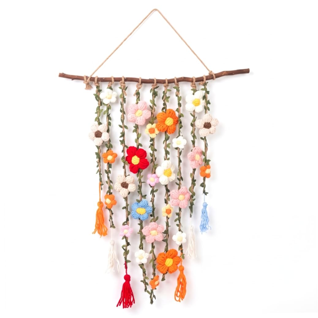 Boho Macrame Wall Hanging, Handmade Crochet Flowers Decor With Colorful Tassels & Natural Branch