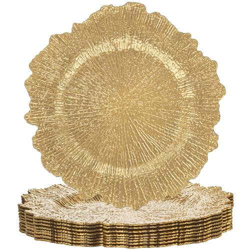 LIYH 8 Pcs Gold Charger Plates 13'' Plastic Round Chargers Plates Reusable Wedding Dinner for for Table Setting Wedding Party Decoration