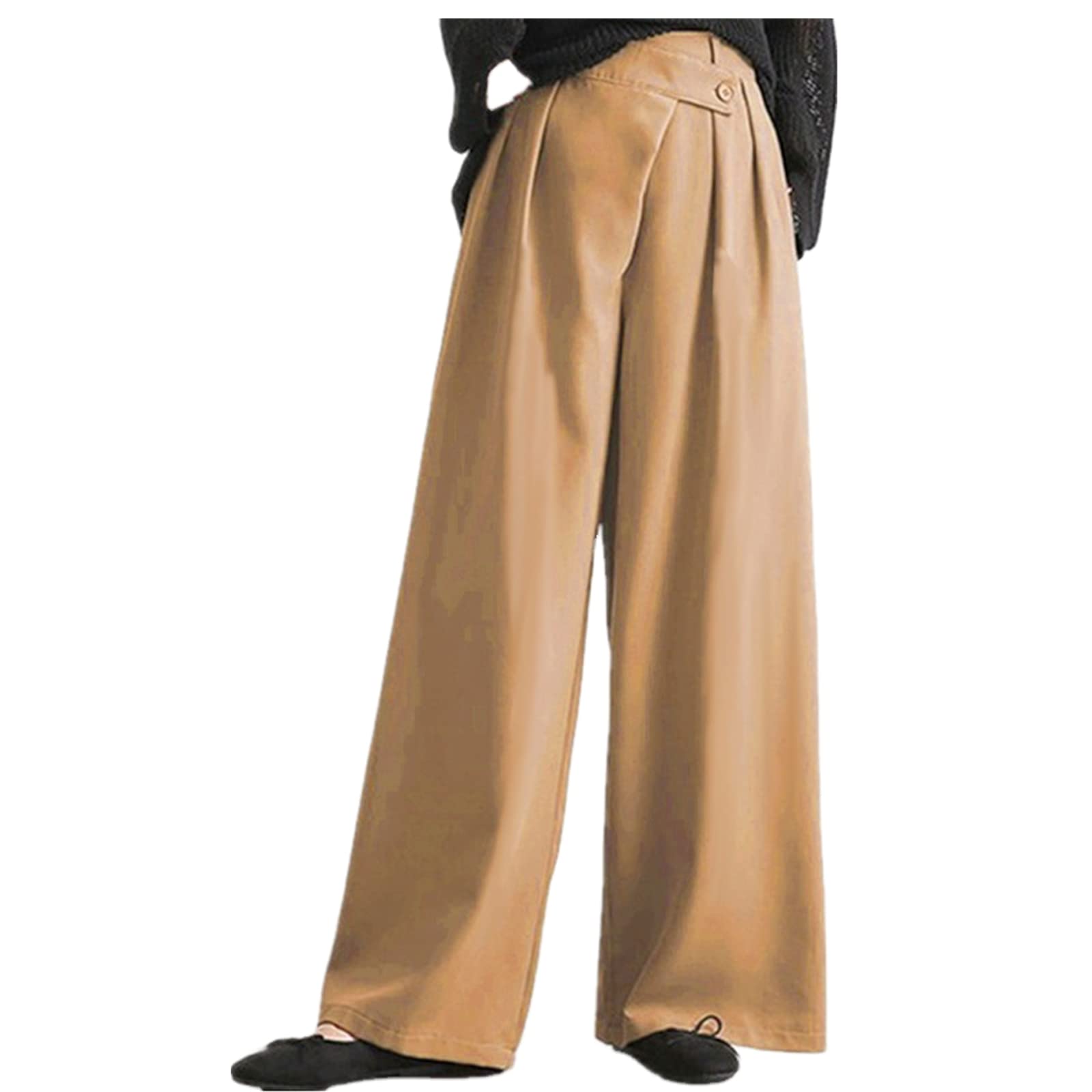 Solid Color Straight Wide Leg Pants Womens high Waist Loose and Thin Casual Fashion Trousers Khaki XXL