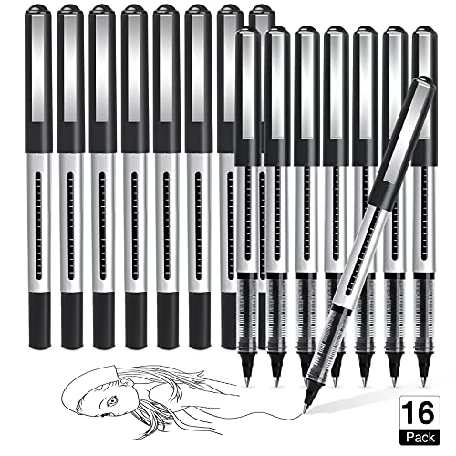 Rollerball Pen Fine Point Pens: 16 Pack 0.5mm Black Gel Liquid Ink Pens Extra Thin Fine Tip Pens, Rolling Ball Point Writing Pens for Note Taking, Signature, Journal, Office/Stationary Supplies