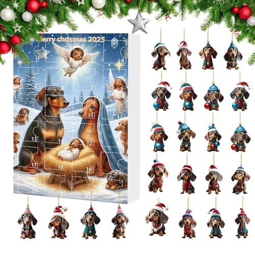 Huxibai 犬用アドベントカレンダー | 24日間 ダックスフンド ペンダント クリスマスカレンダー - アクリル樹脂製 ホームデコレーション ご家族の休日 ツリーの下 リビング ドア ベッドルーム向け