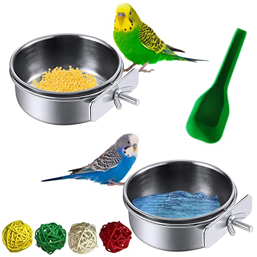 kathson Parrot Feeding Dish Cups Stainless Steel Bird Food Water Bowl Parakeet Feeder Birds Cage Ball Toys with Clamp Holder for Cockatiel Macaw Budgies Small Animal Chinchilla (7 Pcs)