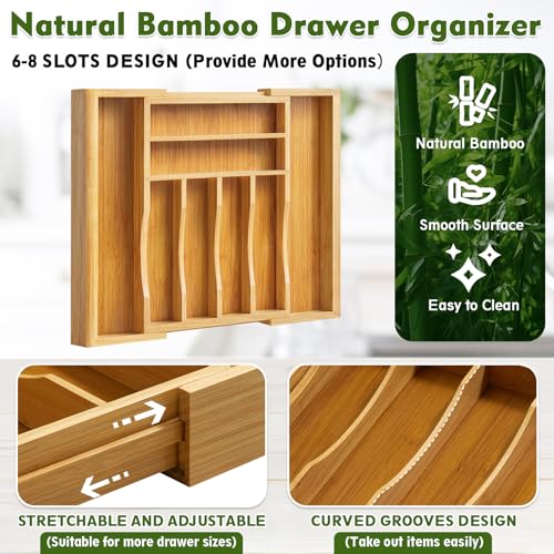 Bamboo Kitchen Drawer Organizer, Expandable Cutlery Tray Utensil Organizer with Grooved Silverware Drawer for Flatware Silverware in Kitchen 8 Slot, Natural, 11.6"-18.9"W, 14.96"H, 1.97"D