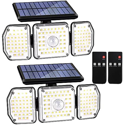 Mininfa Solar Outdoor Lights, 2 Pack 122 LED 2300LM Solar Powered Motion Sensor Security Lights with Remote Control, IP65 Waterproof Flood Light, 3 Adjustable Heads 270° Beam Angle LED Lights for Yard Cover