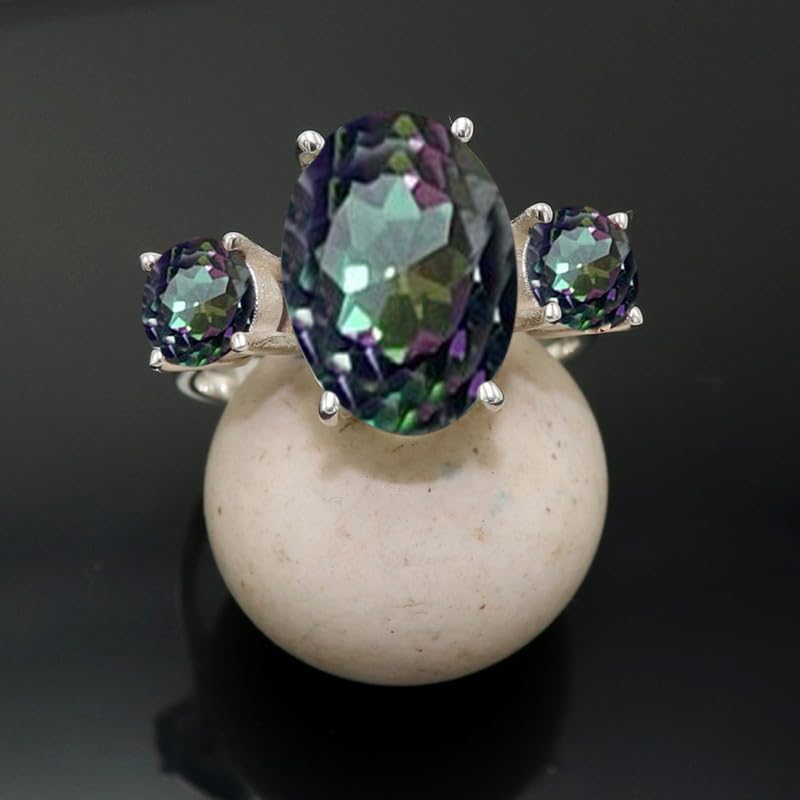 TSR1119AG_15 - Anillo de plata de ley con piedras preciosas de topacio místico, para hombre y mujer, para regalo de todos los tamaños, joyería hecha a mano, Petite, Metal Piedra