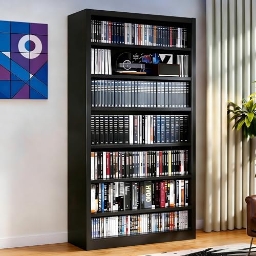 Image of 7 Tier DVD Storage Cabinet Shelf, Metal Media Storage Shelf with Adjustable Shelves, CD DVD Display Cabinet for Living Room & Home Office (Black)