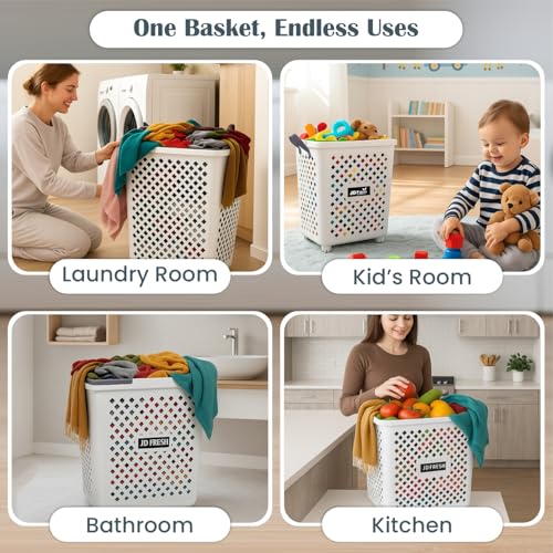 Image of JD FRESH Large 45 Liters Foldable Laundry Basket /Multipurpose Laundry Bag for Clothes with Wheels and Integrated Handles /Movable Plastic Clothes Basket /Laundry Bucket for Home & Laundry Room - (White)