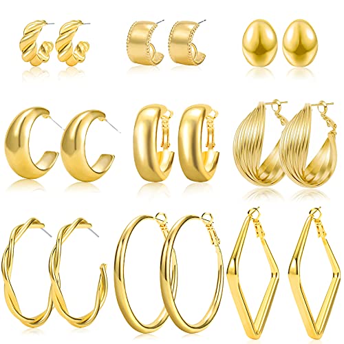 Chunky Gold Hoop Earrings Set for Women, 9 Pair 14K Gold Plated Thick Open Small Big Hoops Jewelry Gift (A-Gold)