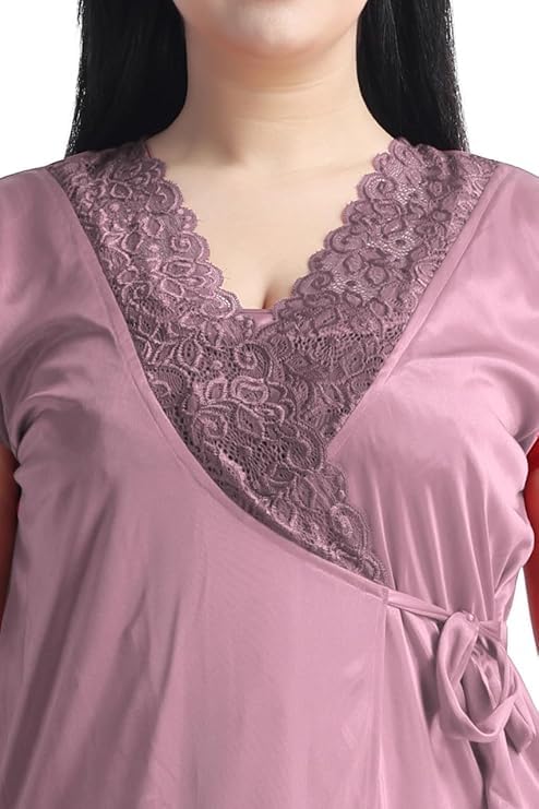 Image of Satin 6 Piece Nightwear Set, Coral Pink Lace Trim Sleepwear with Robe, Nighty, Top, Shorts, Lingerie Set for Women, Summer Collection-Mehndi Green.