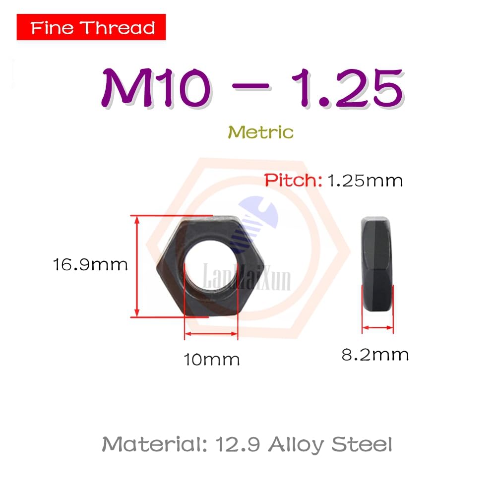 25pcs M10-1.25 12.9 Grade Alloy Steel, Black Oxidation Fine Thread Hex nut，Locking nut
