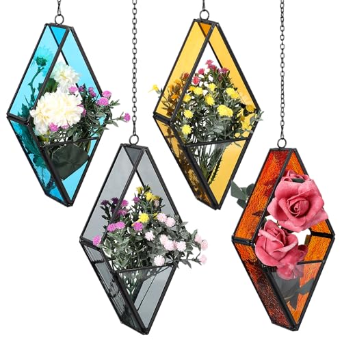 Hushee 4 Pcs Stained Glass Hanging Plant Terrariums Hanging Glass Planter Air Plant Holders with Chain for Window Christmas Home Decor Gifts for Mom Women, 7.87 x 3.94 x 1.97 Inch(Cute Color)