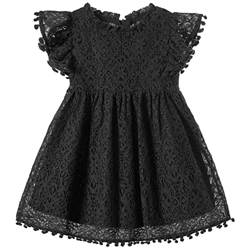 Niyage Toddler Girls Elegant Lace Pom Pom Flutter Sleeve Party Princess Dress Black 100