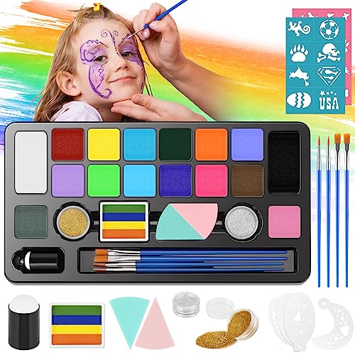 Face Painting Kit 16 Colors 32PCS Face Painting Kit, Brushes Sponges, Glitters, Brushes, Halloween Makeup Kit Professional Face Paint Kids Non Toxic Face Paint Kit for Kids