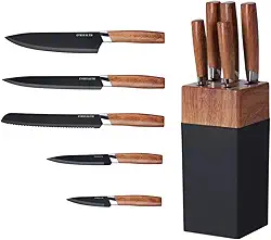 Jogo de Facas 6 Peças com Cepo de Madeira Natural – Lâmina Inox Preta, Cabos em Madeira, Kit Cozinha e Churrasco