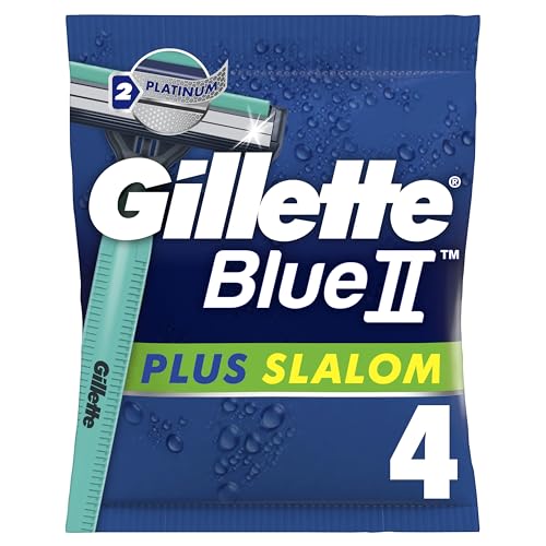 Gillette Blue II Plus Slalom Disposable Razors x4 Two Platinum-Coated Blades Water-Activated Lubrication Strip Easy-Grip Handle Pivoting Head 5x Close Smooth Shaves