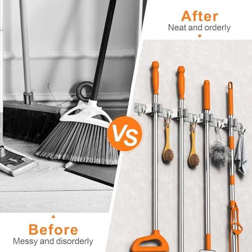 Image of Enclave Stainless Steel Mop and Broom Holder Wall Mounted Adhesive Storage Solutions for Broom mop etc, Garage Storage Systems Broom Organizer. (4 RACK 5 HOOK /SILVER, PACK OF 1)