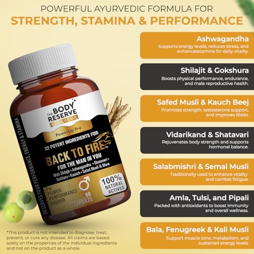 Image of The Body Reserve Ayurveda Back To Fire Capsules For Men With 22 Ayurvedic Herbs Blend for Stamina, Strength & Vitality With Ashwagandha, Shilajit, Safed Musli, Gokshura & More 60 Vegetarian Capsules