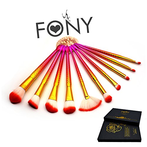 FONY Mermaid Makeup Brushes 10 Pcs Professional Makeup Brush Set, Premium Silky Soft Synthetic Bristles with Golden Mermaid Handle Cosmetics Brush Kit (10,Golden)