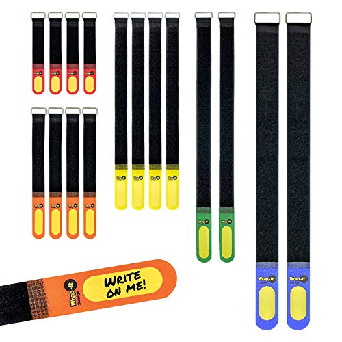 Wrap-It Storage Quick Straps, Assorted Sizes (16 Pack) - Hook and Loop Cord Organizer Strap with Write on Label for Organization and Easy Labeling