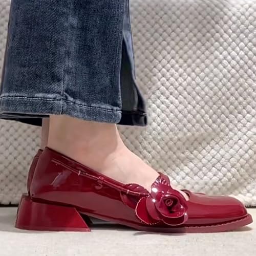 Cute Rose Strap Mary Janes for Women Block Low Heel Pumps Emo Ballet Flats Slip On Ballerina Shoes Low Top Breathable Lightweight Leather Square Toes No Slip Casual Retro Dress Shoes Casual Streetwear4