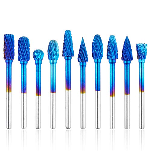 Carbide Burr Set, 1/8inch(3mm) Shank and 1/4inch(6 mm) Head Nano Blue Coat Double Cut Carbide Rotary Burr Set, for DIY Woodworking, Grinder Drilling, Metal Craving, Polishing
