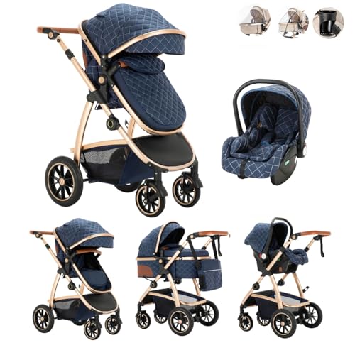 Kakbgee 3-in-1 Buggy Kinderwagen, Klappbar Reisebuggy mit ECE R129 Babyschale, Kinderwagen mit Höhenverstellbarem Griff, Kinderbuggy mit Aluminium-Rahmen, Stroller Baby mit Regenverdeck, für 0-4 Jahr