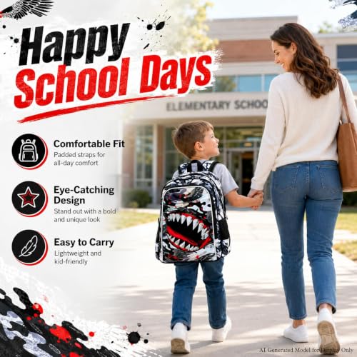 Image of 3Pcs Boys Backpack, 16 inch Shark Bookbag for Elementary Preschool Kindergarten, Kids School Backpacks with Lunch Box(Black)