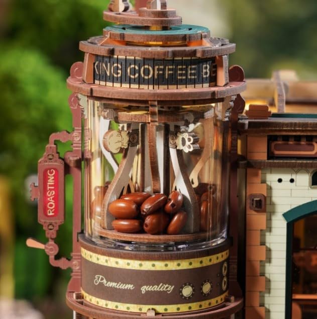 ROBOTIME 3D-Puzzle aus Holz für Erwachsene zum Bauen – Dream Coffe Factory Miniatur Bausatz mit Musik, Lichtern und animierten Szenen, Miniaturhaus/Book Nook Café EAB02
