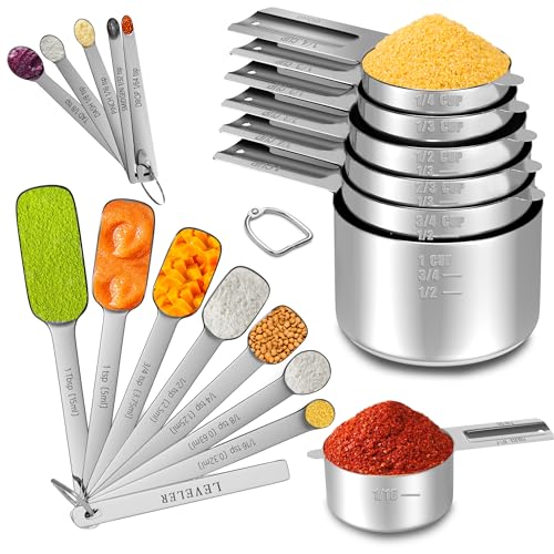 Stainless Steel Measuring Cups and Spoons Set of 20, 7 Nesting Measuring Cups, 7 Spoons & 1 Leveler, 5 Mini Spoons, Kitchen Gadgets for Cooking & Baking, Square