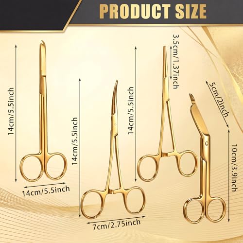 Image of BBTO Hemostat Curved and Straight Hemostat Forceps Piercing Pliers Forceps, Stainless Steel Straight and Curved Pliers, Fishing Tweezer(Gold,4 Pcs)