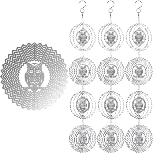 Piemow 12 Pcs Reflective Bird Scare Discs Set - Stainless Steel 3D Owl Wind Spinner for Outdoor Yard Garden 4×4 Inch