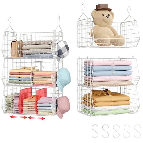 3 Tier Extra Large Closet Hanging Shelves with Divider, 16.5″L x 11.8″W x 33.6″H Closets Organizers and Storage with 5 S Hooks, Clothes Organizer for Sweaters Shoes Handbags Clutches Accessories-White