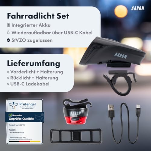 AARON LED Fahrradlicht Set 100 LUX für Stadtpendler & E-Bike-Fahrer, StVZO zugelassen, USB...
