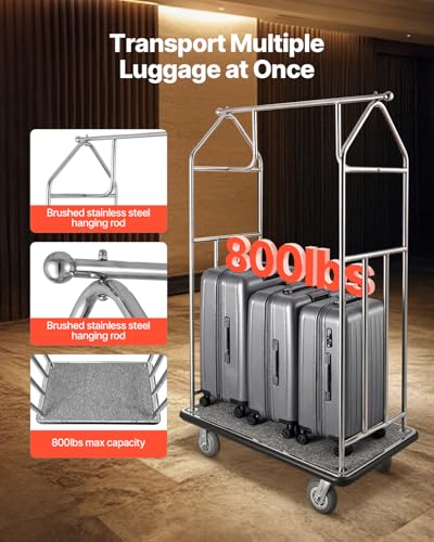 VEVOR Hotel Luggage, 800 LBS Load Capacity, Brushed Stainless Steel Finish Bellman's Cart, Valet Cart with Grey Carpeted Deck and 6-inch Rubber Wheels, Ideal for Hotels, Condos, Resorts, Silver2